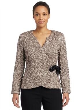 Cachet Beige Metallic Crinkle Wrap V-Neck Lined Jacket Women Size M